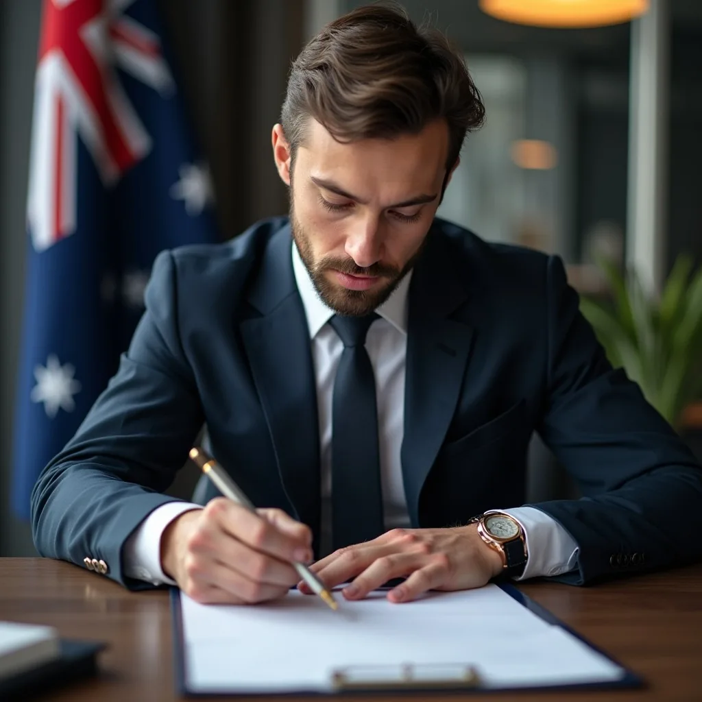Professional signing documents beside an Australian flag